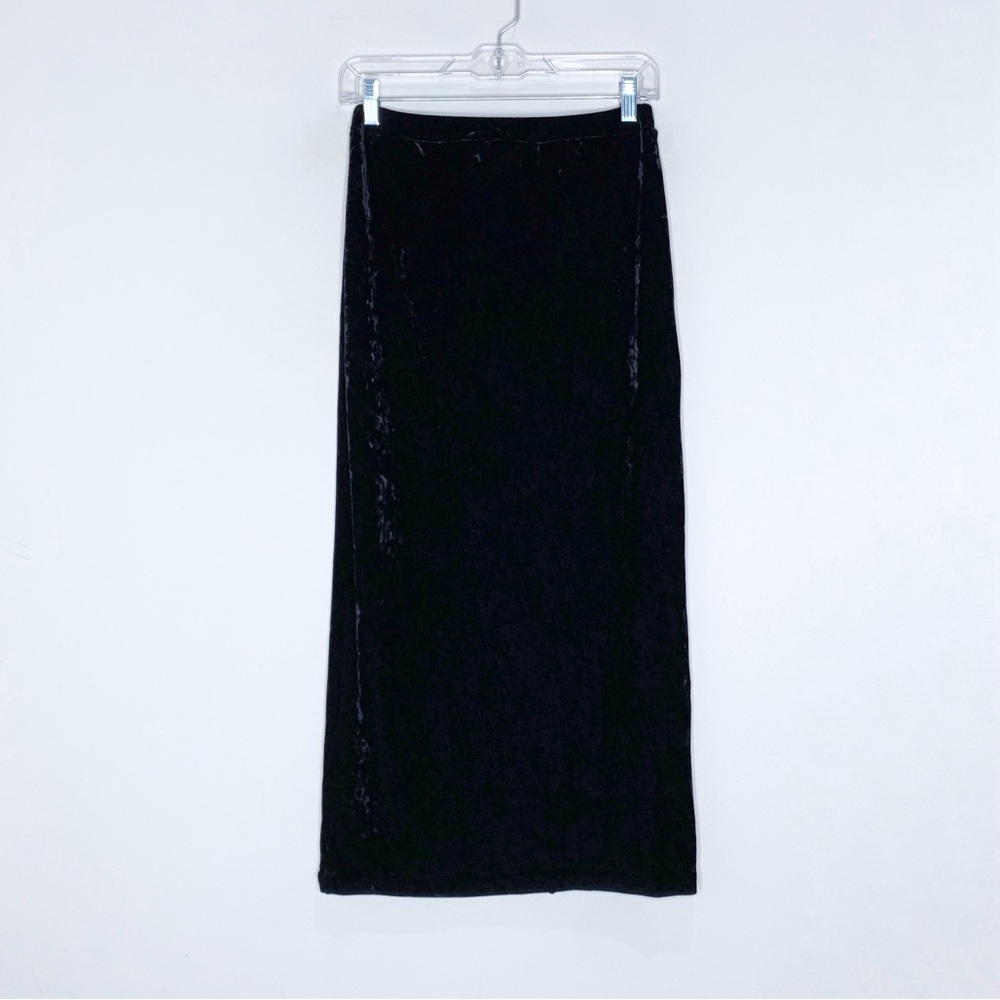 Betsey Johnson Vintage 90s Crushed Velvet Midi Skirt (Sz L) Back Slit Black